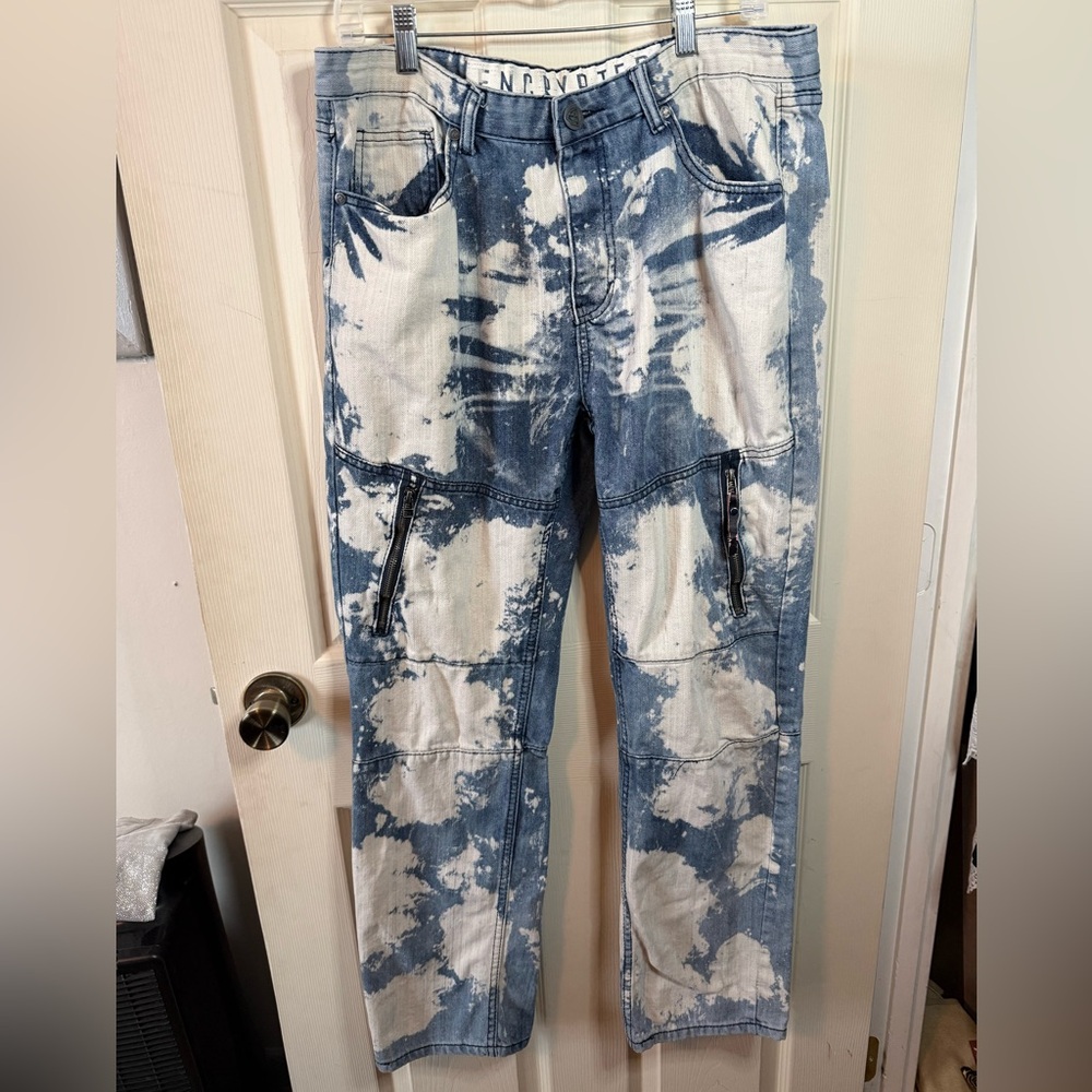 Encrypted Bleach Splatter Distressed Jeans Zipper Accent Men’s Sz 38 100% Cotton